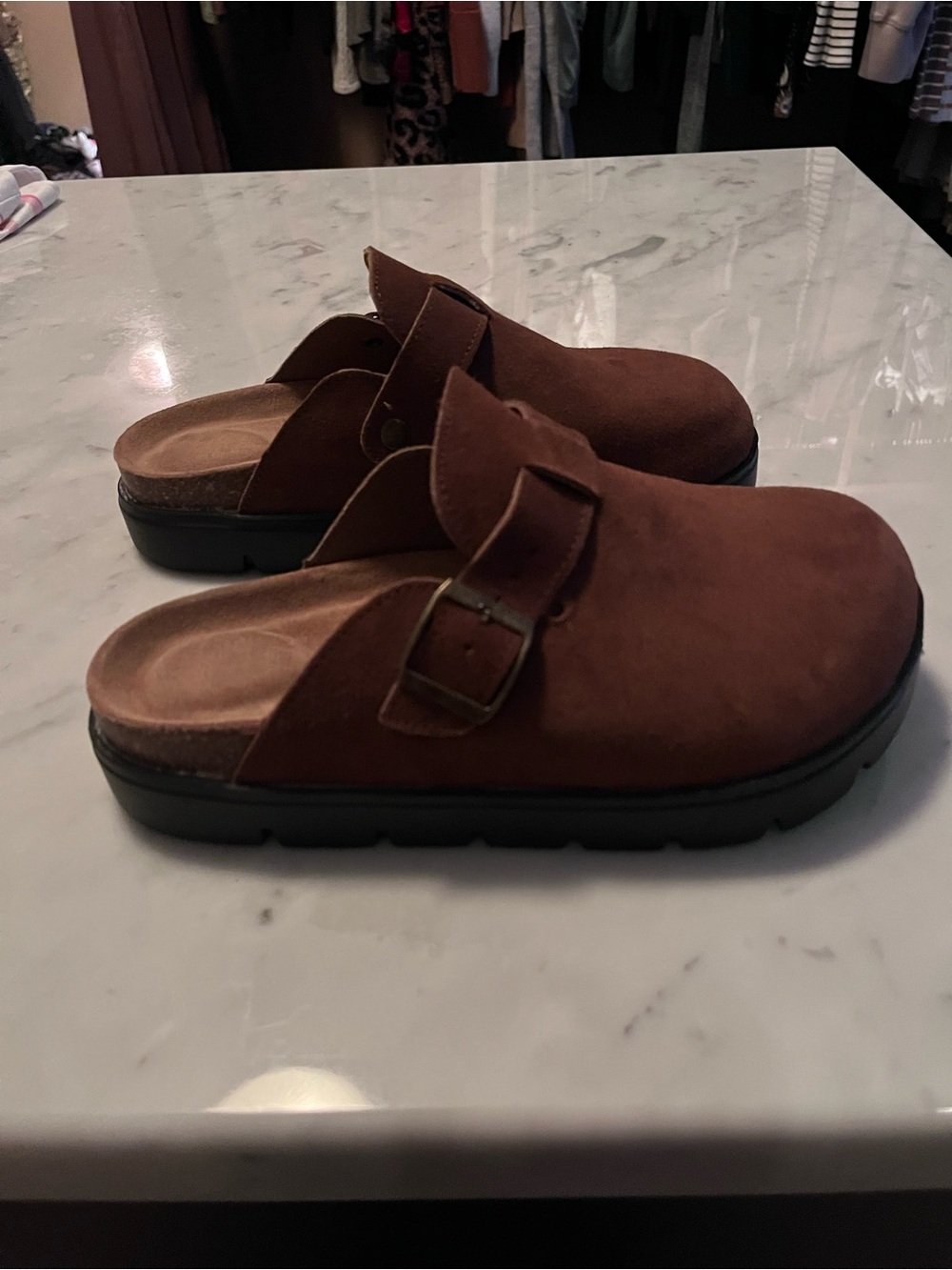 Women’s Project Cloud Brown Suede Slip-On Clog with Adjustable Buckle